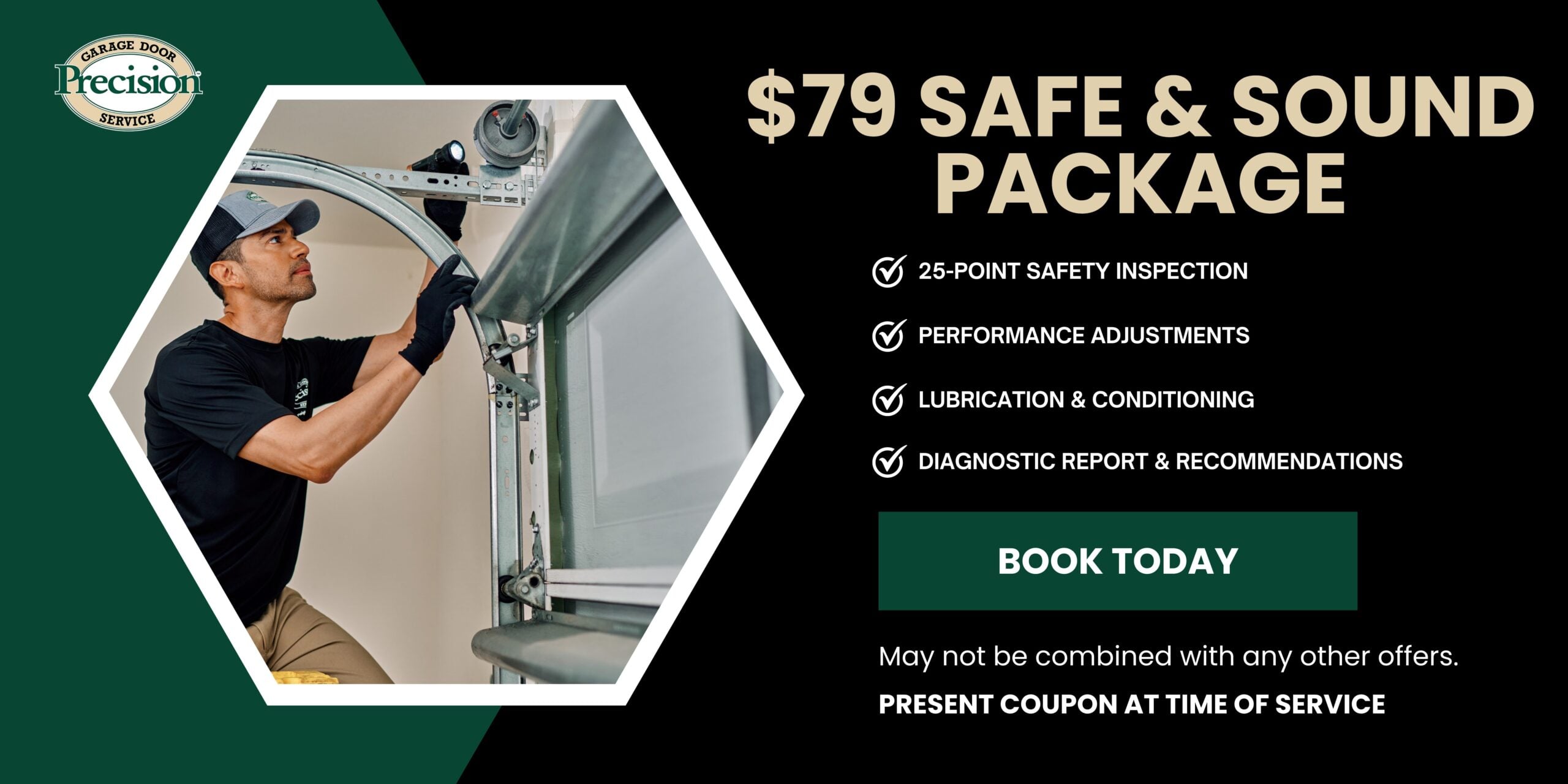 Safe and Sound Package - March 2026 Peace and Quiet Package advertisement for silent garage door opener upgrades.