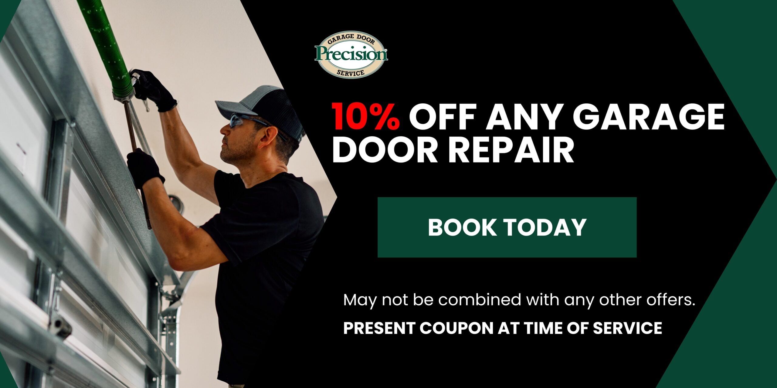 10% Off Any Garage Door Repair August 2026 Peace and Quiet Package advertisement for silent garage door opener upgrades.