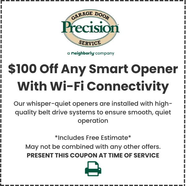 100 Off Smart Opener October 2026 Promotional coupon featuring a special discount on new garage door opener units.
