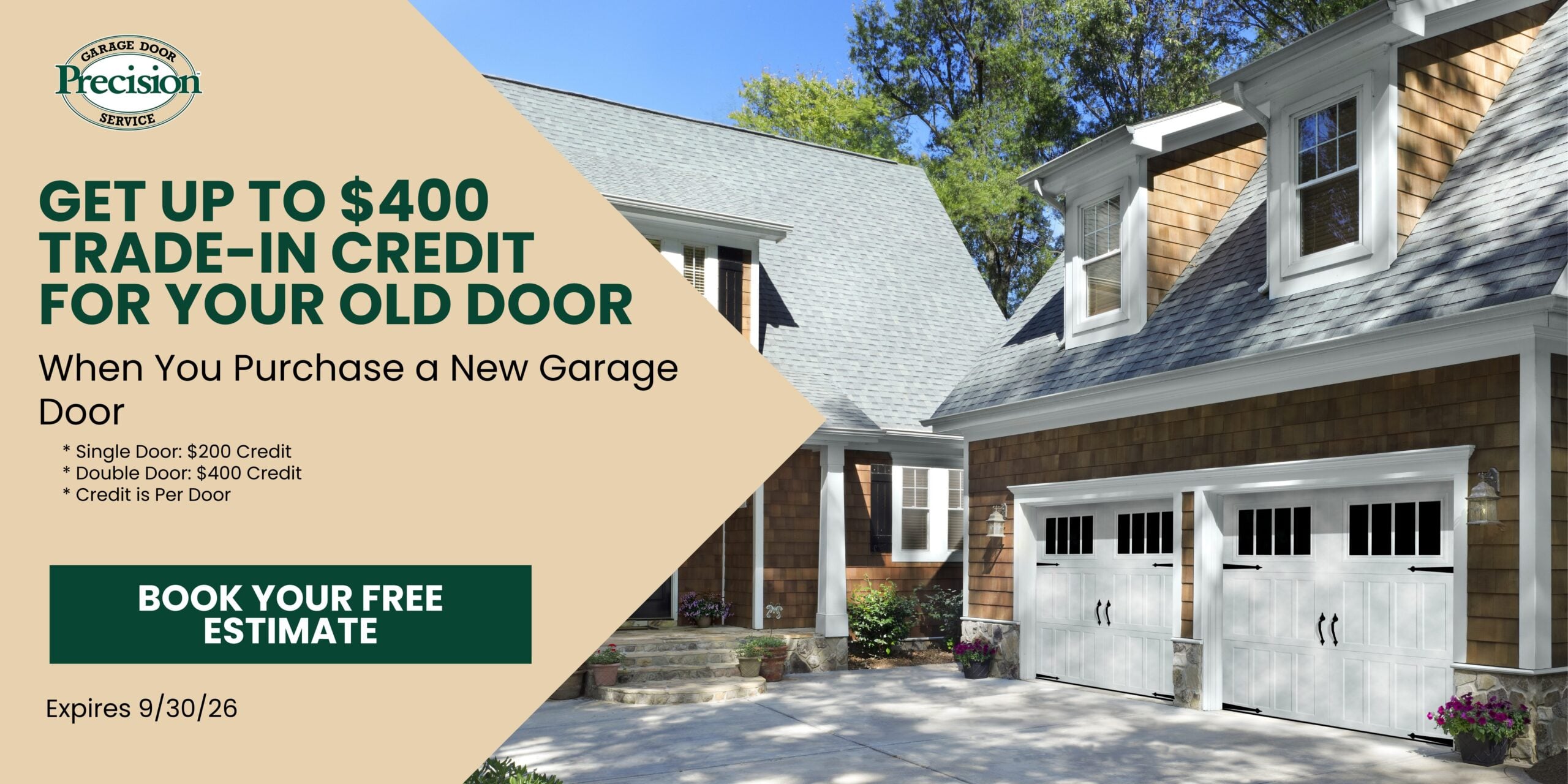 400-Trade-In-Credit-Offer-Sept-2026 Promotional banner offering $500 off a new garage door and opener installation.
